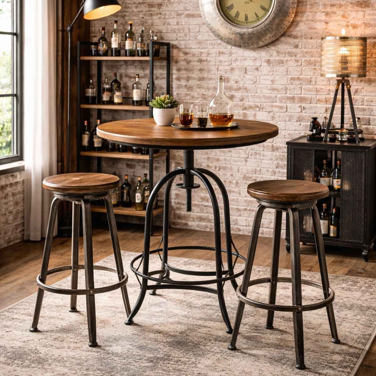 Bar height table with two stools in a rustic interior setting.