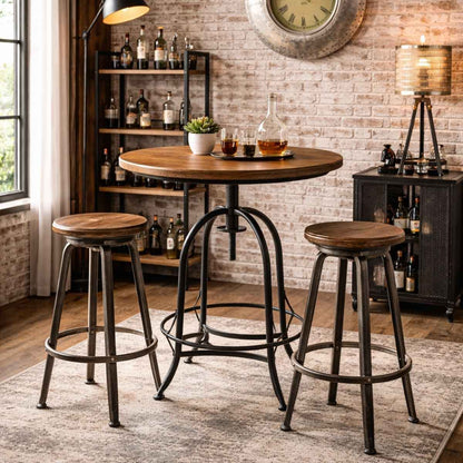 Bar height table with two stools in a rustic interior setting.