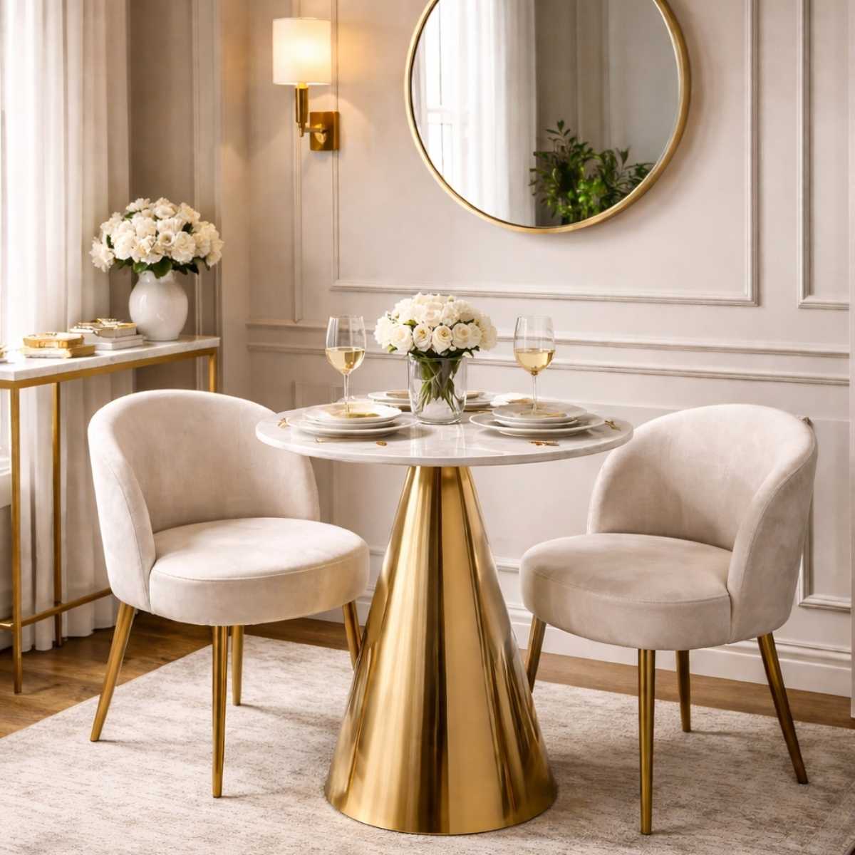 Dining room with a gold table and chairs, white flowers, and wine glasses.