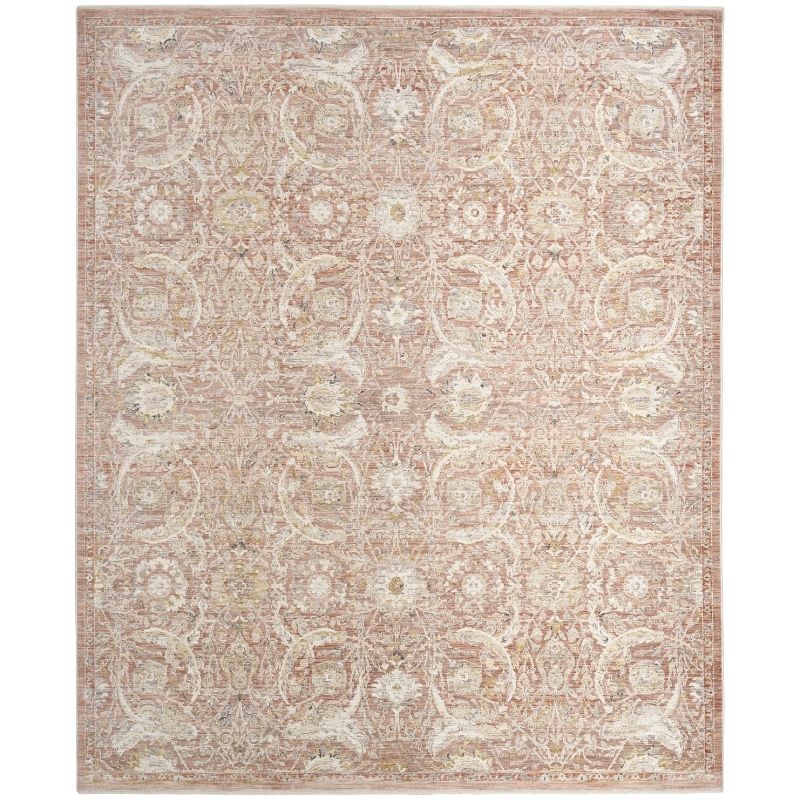 A rectangular area rug with an intricate traditional floral and medallion pattern in muted beige, cream, and soft brown tones, shown flat against a white background.
