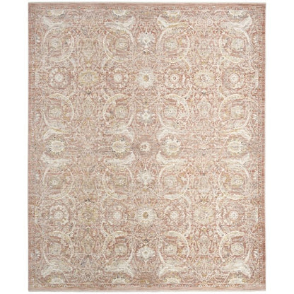 A rectangular area rug with an intricate traditional floral and medallion pattern in muted beige, cream, and soft brown tones, shown flat against a white background.