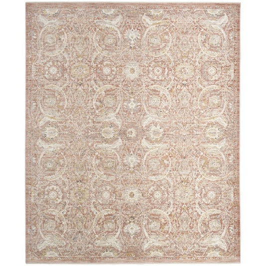 A rectangular area rug with an intricate traditional floral and medallion pattern in muted beige, cream, and soft brown tones, shown flat against a white background.
