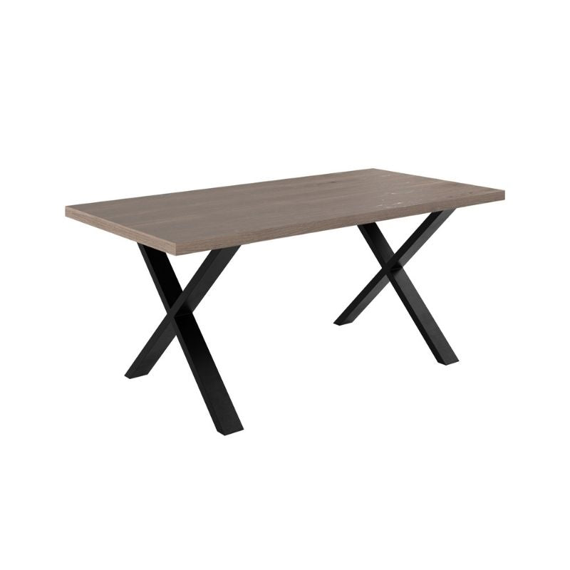 Wooden table with black metal legs on a white background