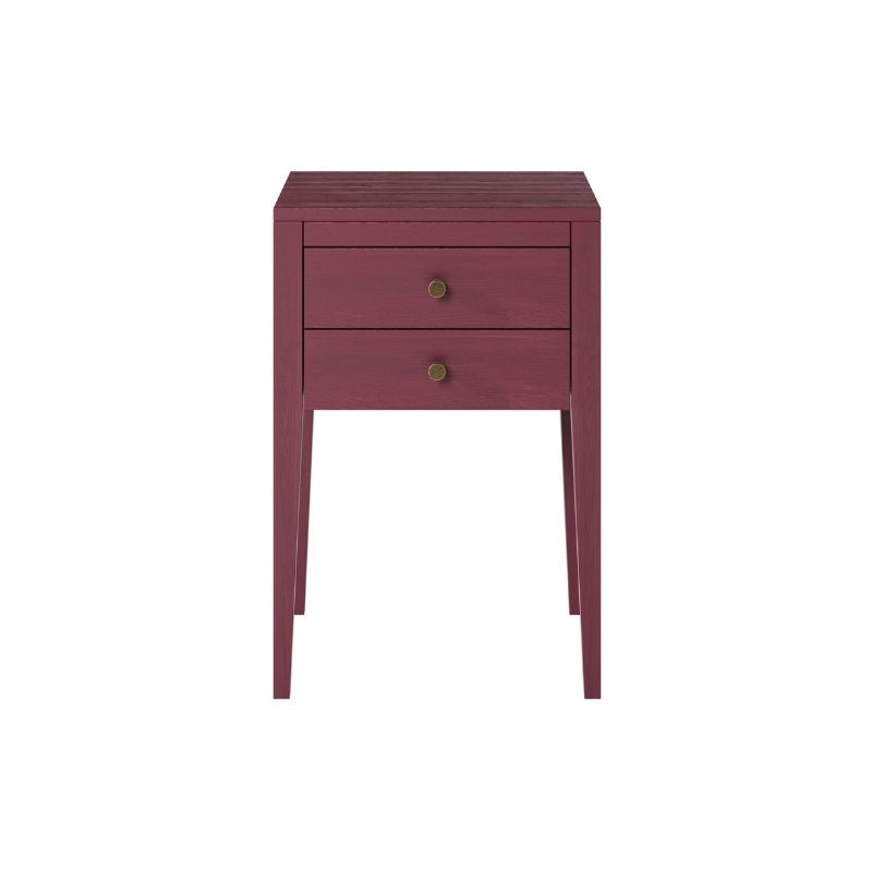 Red side table with two drawers on a white background