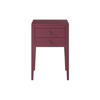 Red side table with two drawers on a white background