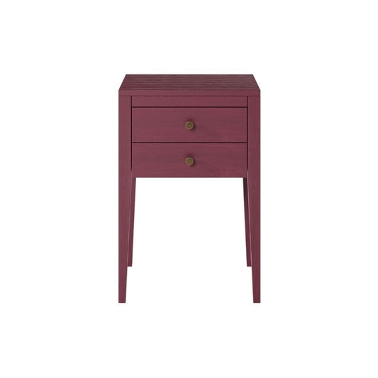 Red side table with two drawers on a white background