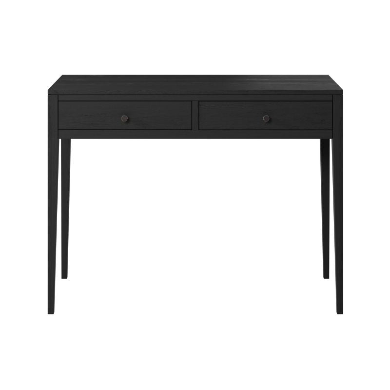 Black desk with two drawers on a white background