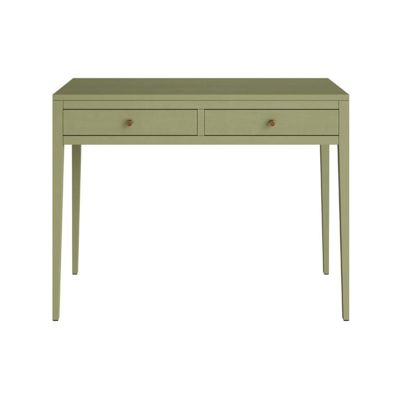 Green console table against a brick wall with a framed mirror above it.