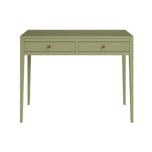 Green console table against a brick wall with a framed mirror above it.
