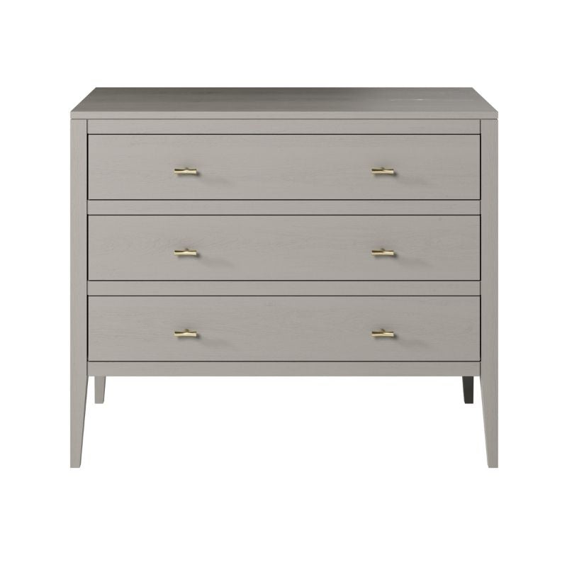 Gray dresser with gold handles on a white background.