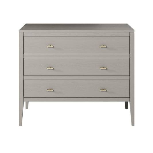 Gray dresser with gold handles on a white background.