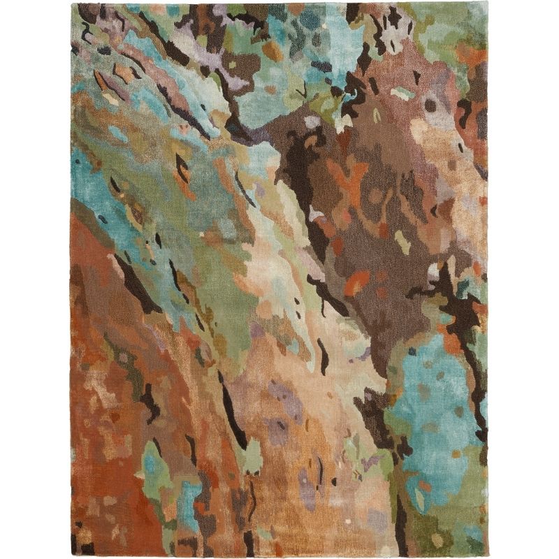 An abstract area rug featuring a textured, painterly pattern with flowing strokes of teal, brown, rust orange, beige, and olive green.