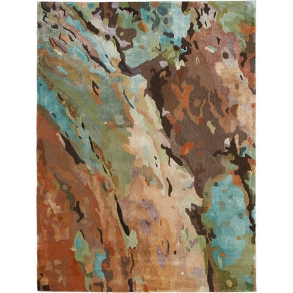 An abstract area rug featuring a textured, painterly pattern with flowing strokes of teal, brown, rust orange, beige, and olive green.