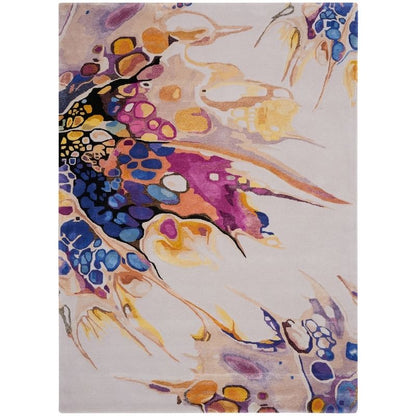 An abstract area rug featuring a fluid, marbled pattern with swirls of purple, blue, yellow, orange, and black on a light beige background.