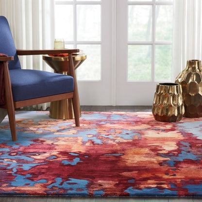 Nourison Prismatic Blue Flame Contemporary Rug - Crimson & Blue