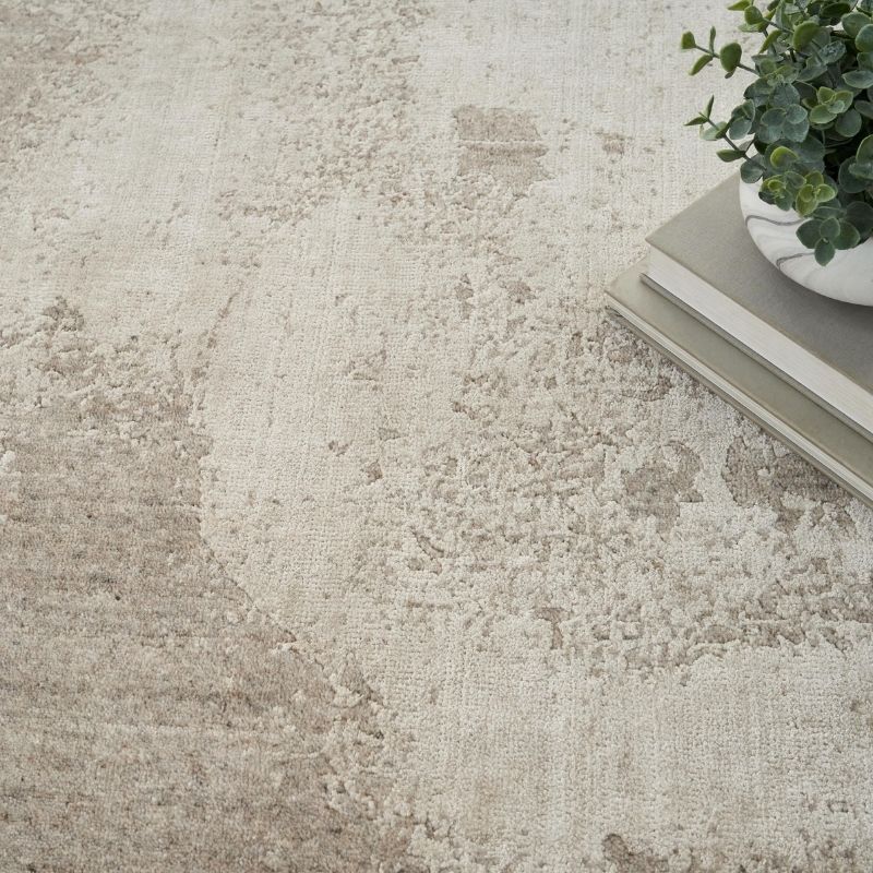 A close-up of a textured area rug in a distressed neutral pattern of beige, cream, and light taupe, styled with a stack of books and a potted green plant in the top right corner.