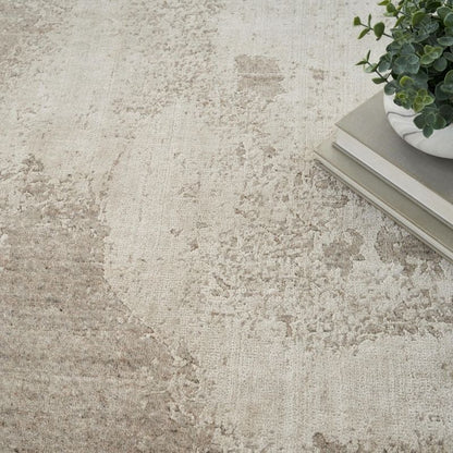 A close-up of a textured area rug in a distressed neutral pattern of beige, cream, and light taupe, styled with a stack of books and a potted green plant in the top right corner.