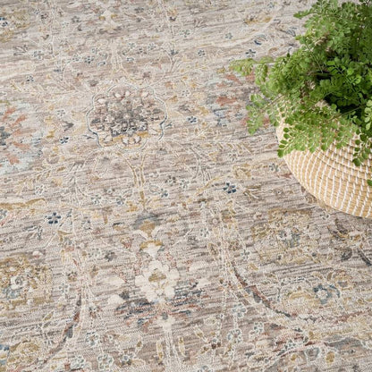 Patterned rug with a plant in a woven basket on top