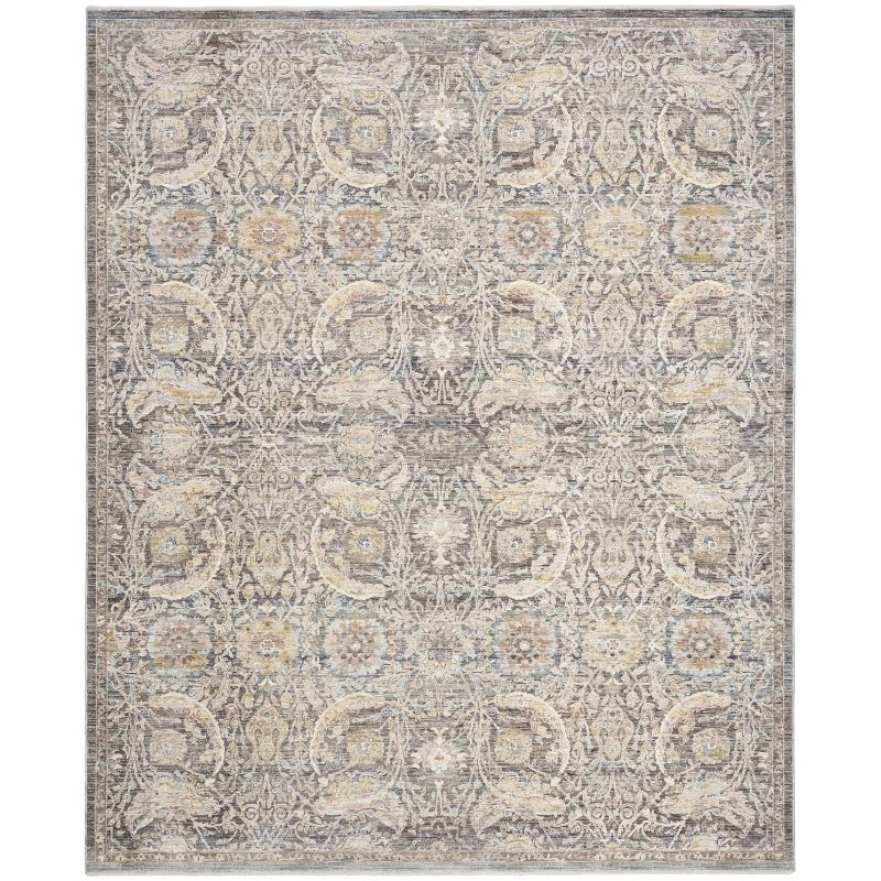 A square area rug with an intricate traditional floral and medallion pattern in muted beige, gray, and light blue tones.