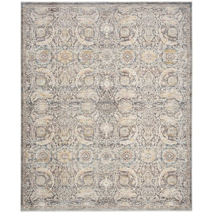 A square area rug with an intricate traditional floral and medallion pattern in muted beige, gray, and light blue tones.
