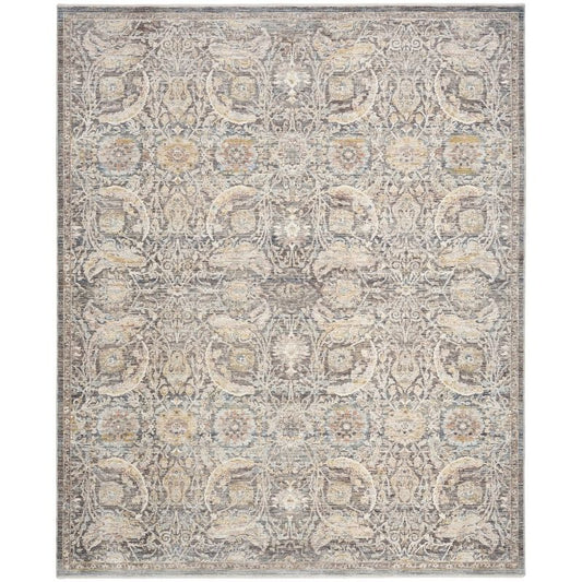 A square area rug with an intricate traditional floral and medallion pattern in muted beige, gray, and light blue tones.