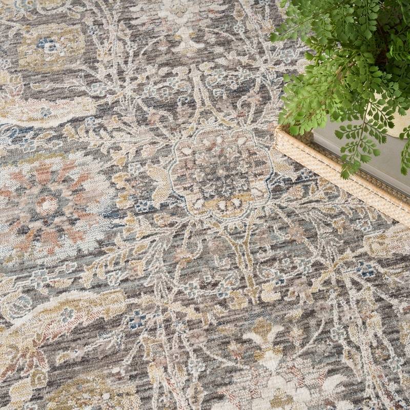 An overhead view of a traditional area rug with an intricate floral and medallion pattern in muted gray, beige, and brown tones, styled with a green potted plant in the top right corner.