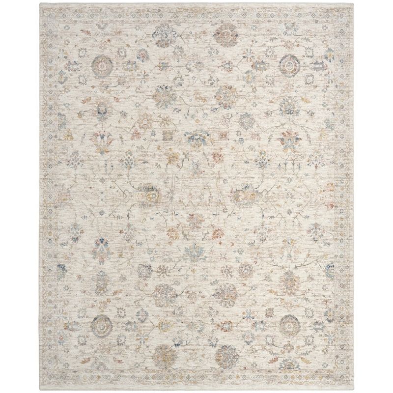 A square area rug with a distressed traditional pattern in cream, beige, and muted blue-gray tones.