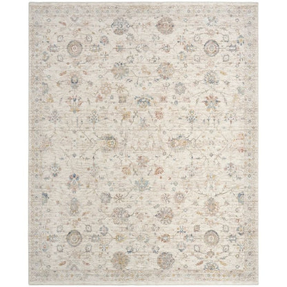 A square area rug with a distressed traditional pattern in cream, beige, and muted blue-gray tones.