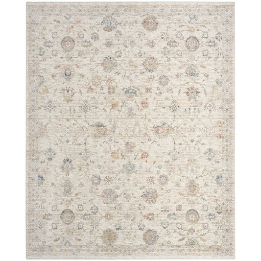 A square area rug with a distressed traditional pattern in cream, beige, and muted blue-gray tones.