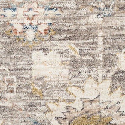 A close-up of a textured area rug featuring an abstract, distressed pattern in shades of beige, gray, cream, and subtle hints of blue and gold.