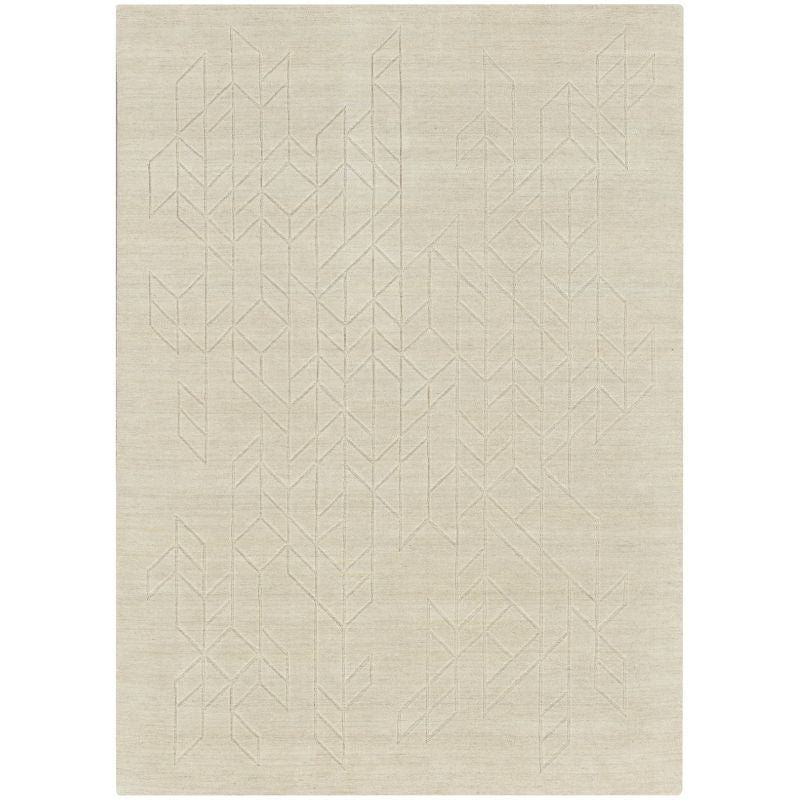 A rectangular area rug in a light beige or cream tone, featuring a subtle, low-contrast geometric pattern of interlocking triangles and lines across the surface.