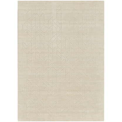 A rectangular area rug in a light beige or cream tone, featuring a subtle, low-contrast geometric pattern of interlocking triangles and lines across the surface.