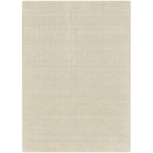 A rectangular area rug in a light beige or cream tone, featuring a subtle, low-contrast geometric pattern of interlocking triangles and lines across the surface.
