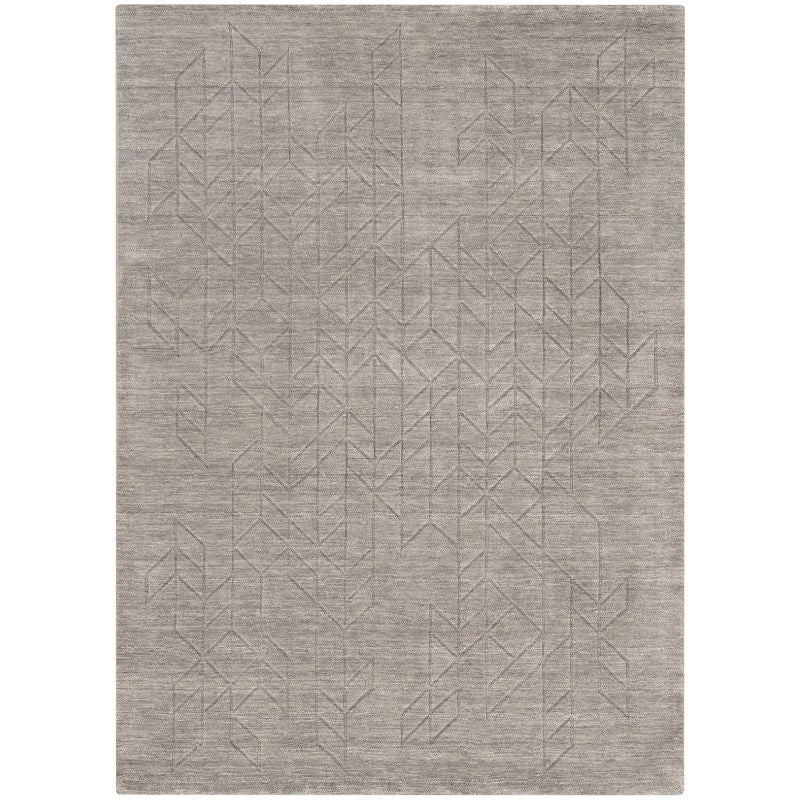 A rectangular area rug with a textured, heathered taupe-gray surface featuring a subtle, tonal geometric pattern.