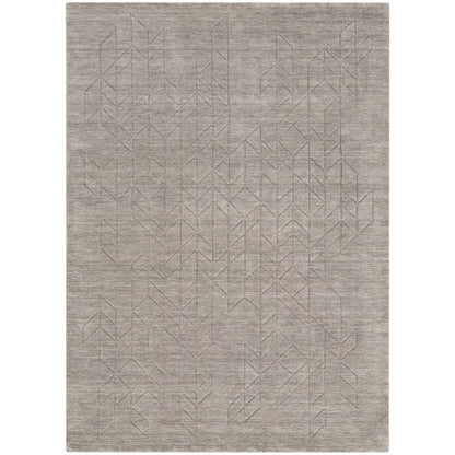 A rectangular area rug with a textured, heathered taupe-gray surface featuring a subtle, tonal geometric pattern.