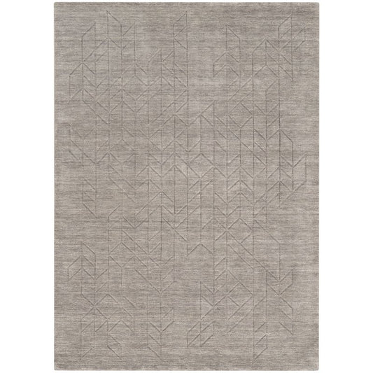 A rectangular area rug with a textured, heathered taupe-gray surface featuring a subtle, tonal geometric pattern.