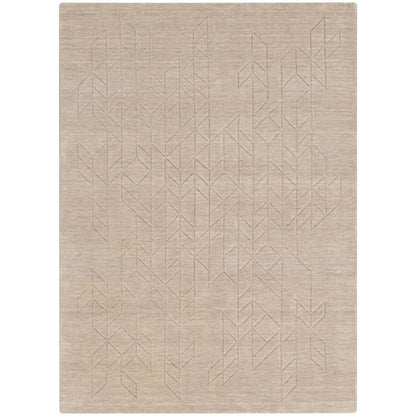 A rectangular area rug in a light beige or taupe color, featuring a subtle, low-contrast geometric pattern of interlocking triangles and lines woven across the surface.