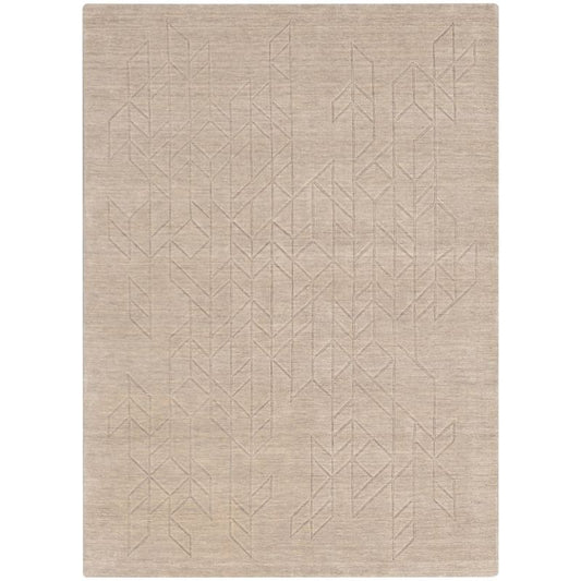 A rectangular area rug in a light beige or taupe color, featuring a subtle, low-contrast geometric pattern of interlocking triangles and lines woven across the surface.