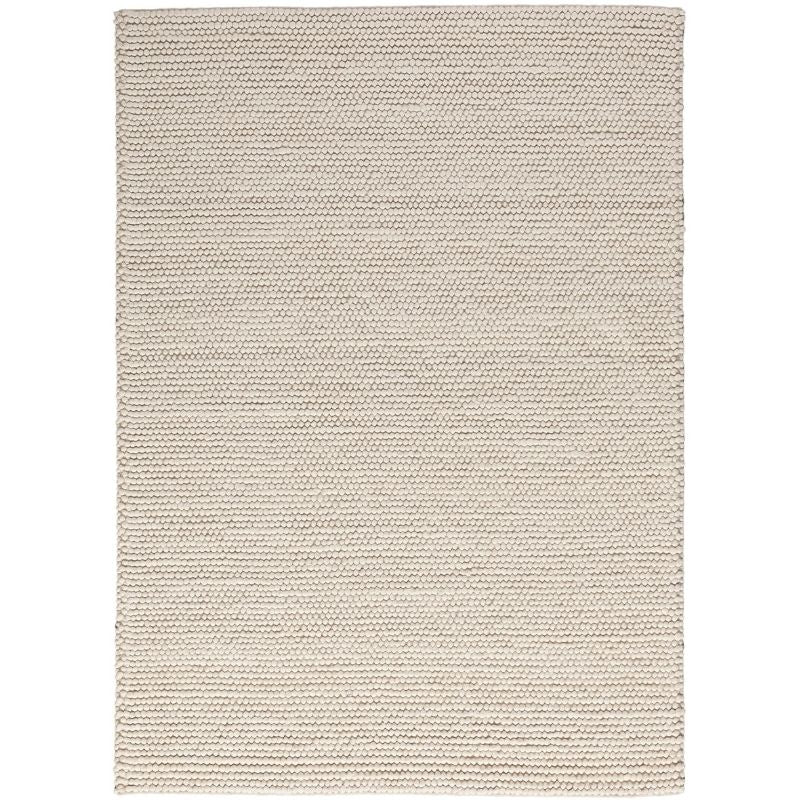 A rectangular woven area rug in a light beige or cream color, shown flat against a white background.