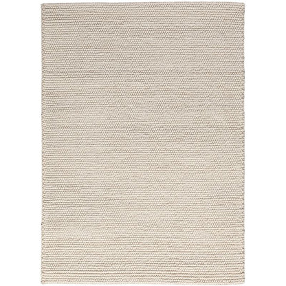 A rectangular woven area rug in a light beige or cream color, shown flat against a white background.