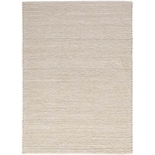 A rectangular woven area rug in a light beige or cream color, shown flat against a white background.