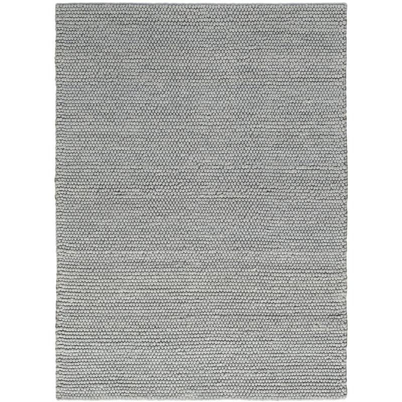 A rectangular woven area rug in a light gray and white textured pattern, shown flat against a white background.
