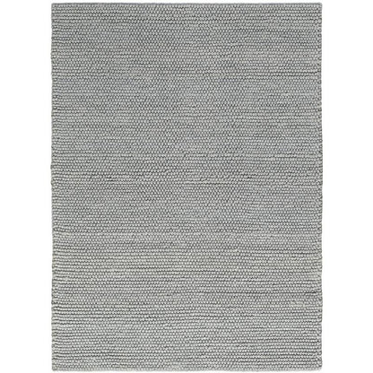 A rectangular woven area rug in a light gray and white textured pattern, shown flat against a white background.
