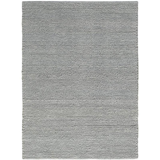 A rectangular woven area rug in a light gray and white textured pattern, shown flat against a white background.