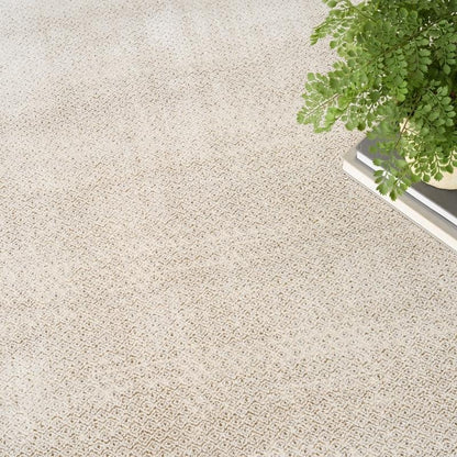A close-up of a light beige textured rug or carpet with a subtle woven geometric pattern, shown with a green potted fern in the upper right corner.
