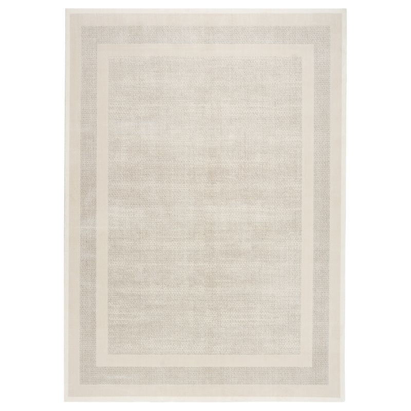 A rectangular area rug with a neutral, minimalist design featuring concentric borders and a textured central field in shades of cream, beige, and light gray.