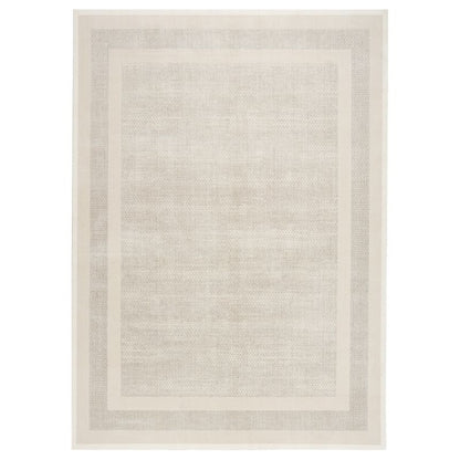 A rectangular area rug with a neutral, minimalist design featuring concentric borders and a textured central field in shades of cream, beige, and light gray.