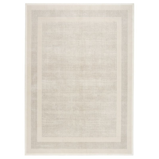 A rectangular area rug with a neutral, minimalist design featuring concentric borders and a textured central field in shades of cream, beige, and light gray.