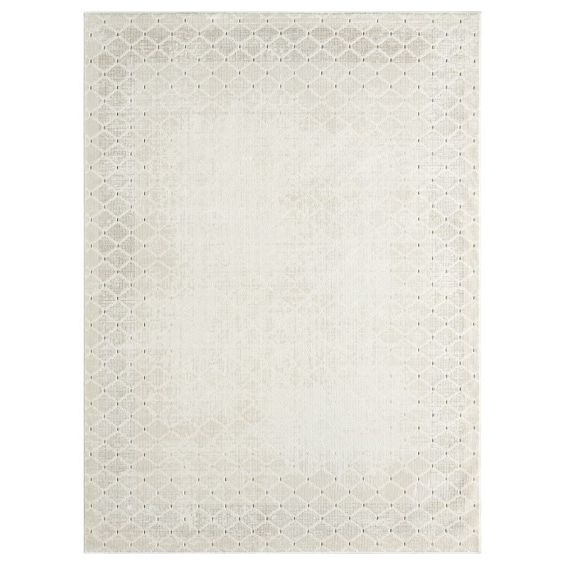 An off-white and light beige area rug with a distressed geometric trellis pattern and a solid border, shown flat against a white background.