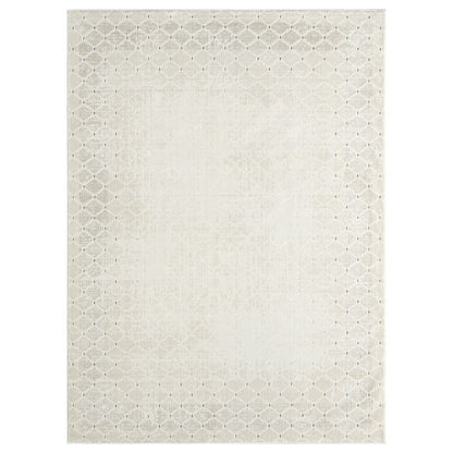 An off-white and light beige area rug with a distressed geometric trellis pattern and a solid border, shown flat against a white background.